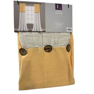 Lush Decor Linen Button Yellow White Cotton Blend Curtain Panel 40x108 Farmhouse